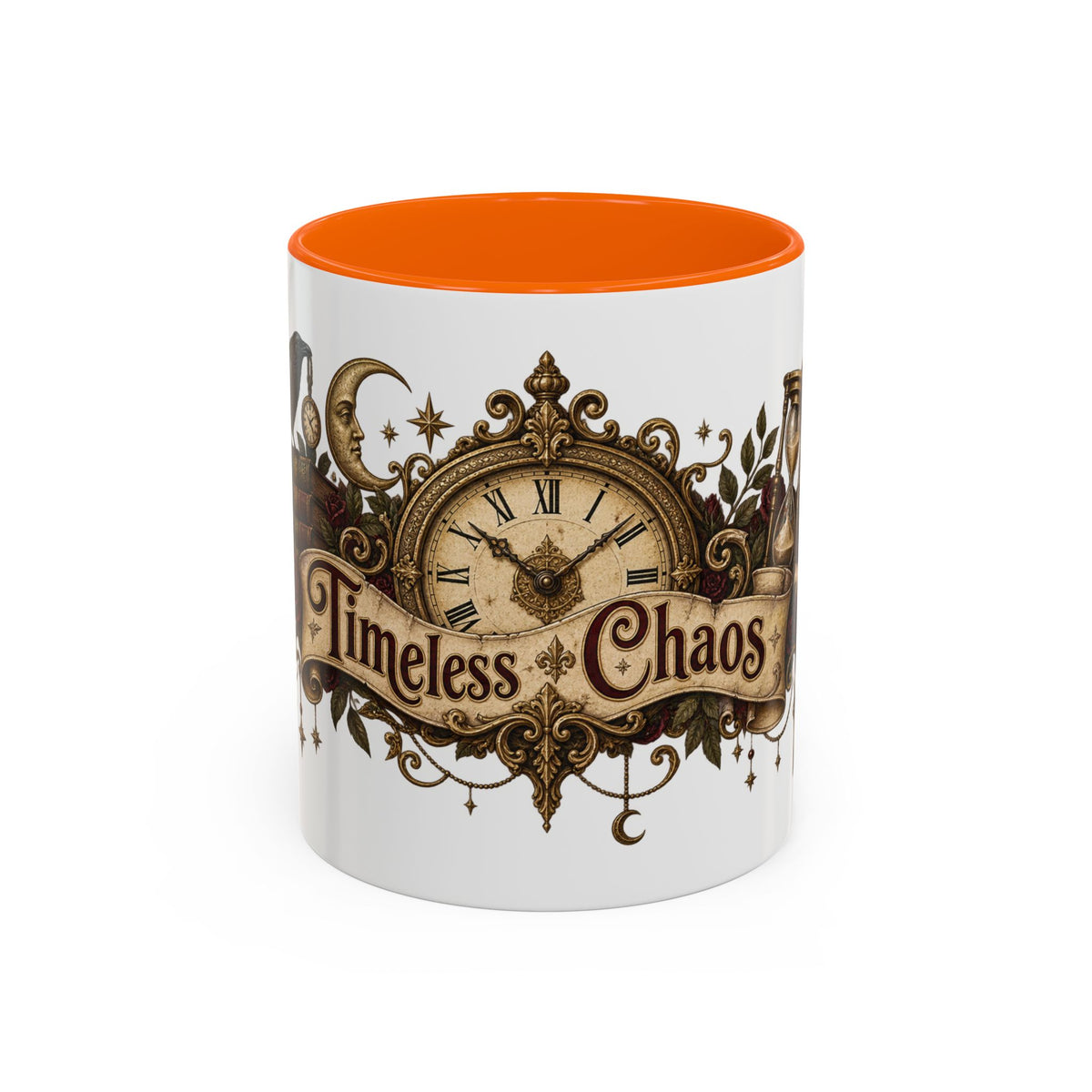 Timeless Chaos accent coffee mug, 11oz, white with orange interior and handle