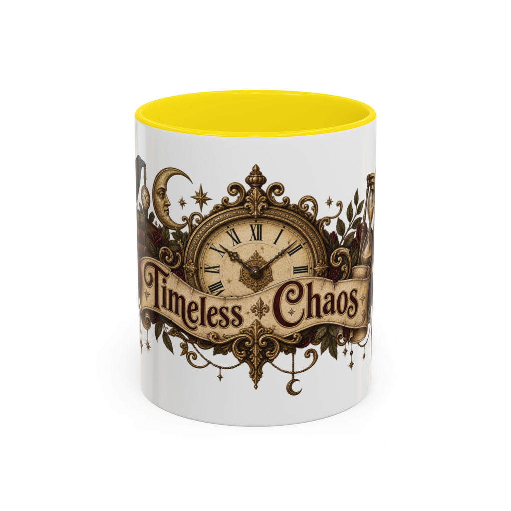 Timeless Chaos accent coffee mug, 11oz, white with yellow interior and handle