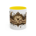 Timeless Chaos accent coffee mug, 11oz, white with yellow interior and handle