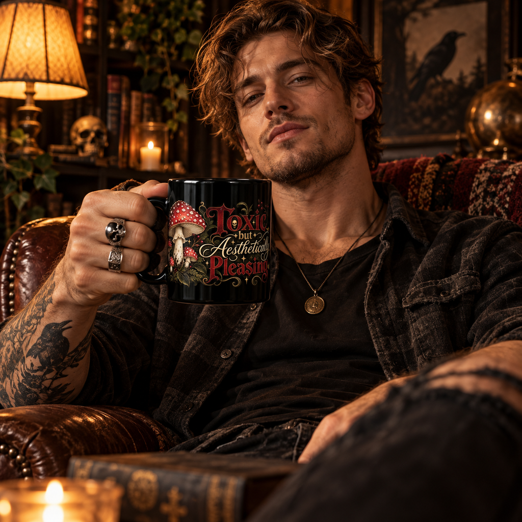 Toxic but Aesthetically Pleasing black coffee mug in a cozy lifestyle photo