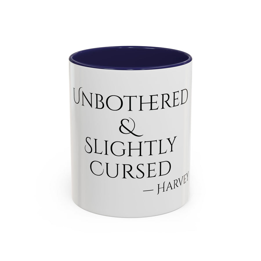 Unbothered and Slightly Cursed personalized accent coffee mug, 11oz, white with navy interior and handle