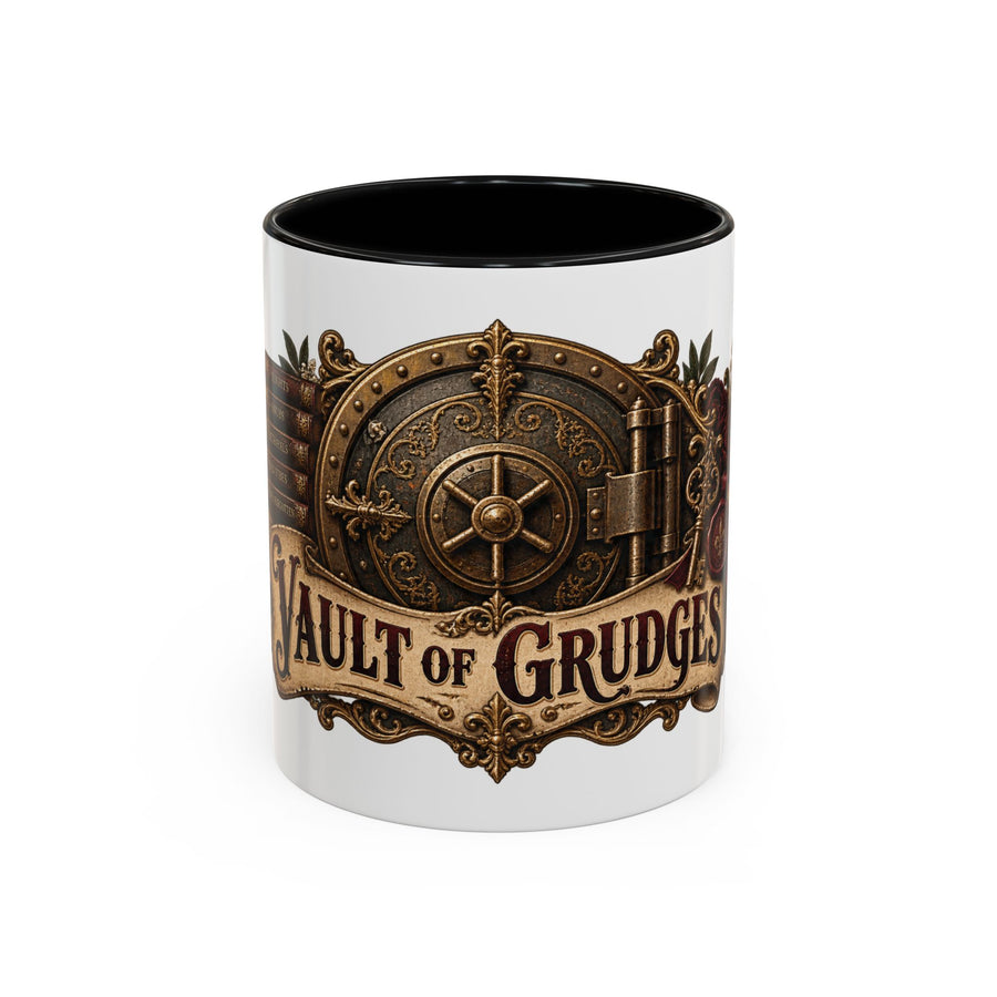 Vault of Grudges accent coffee mug, 11oz, white with black interior and handle
