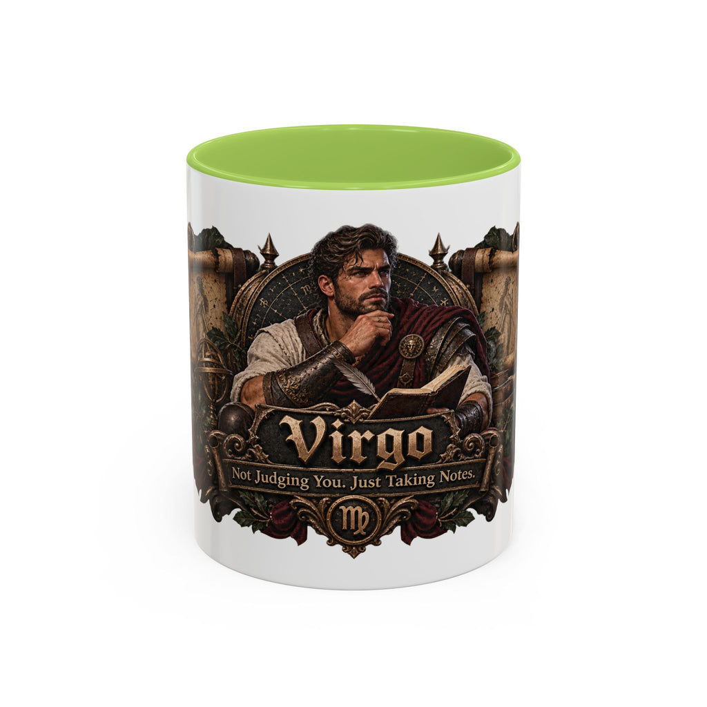 Virgo Bronze Zodiac accent coffee mug, 11oz, white with light green interior and handle