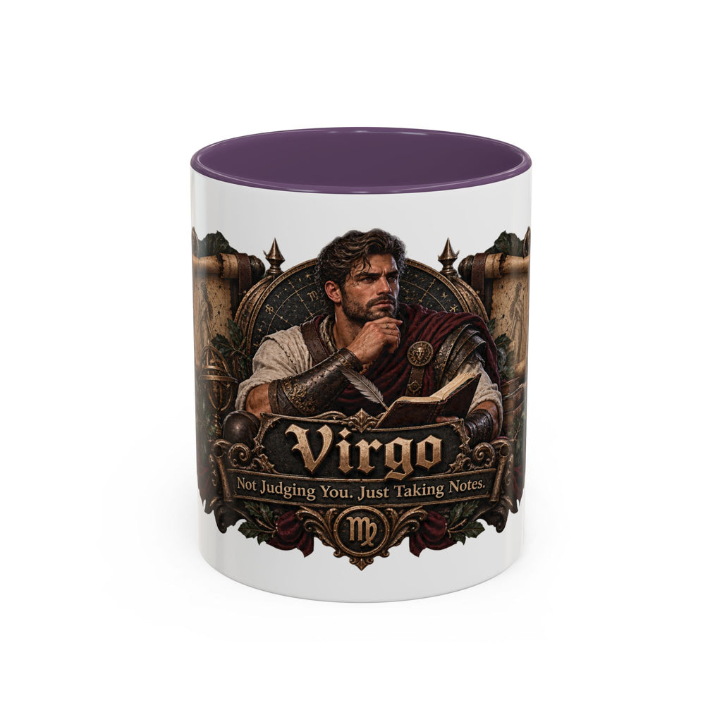 Virgo Bronze Zodiac accent coffee mug, 11oz, white with purple interior and handle