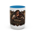 Virgo Bronze Zodiac accent coffee mug, 15oz, white with blue interior and handle