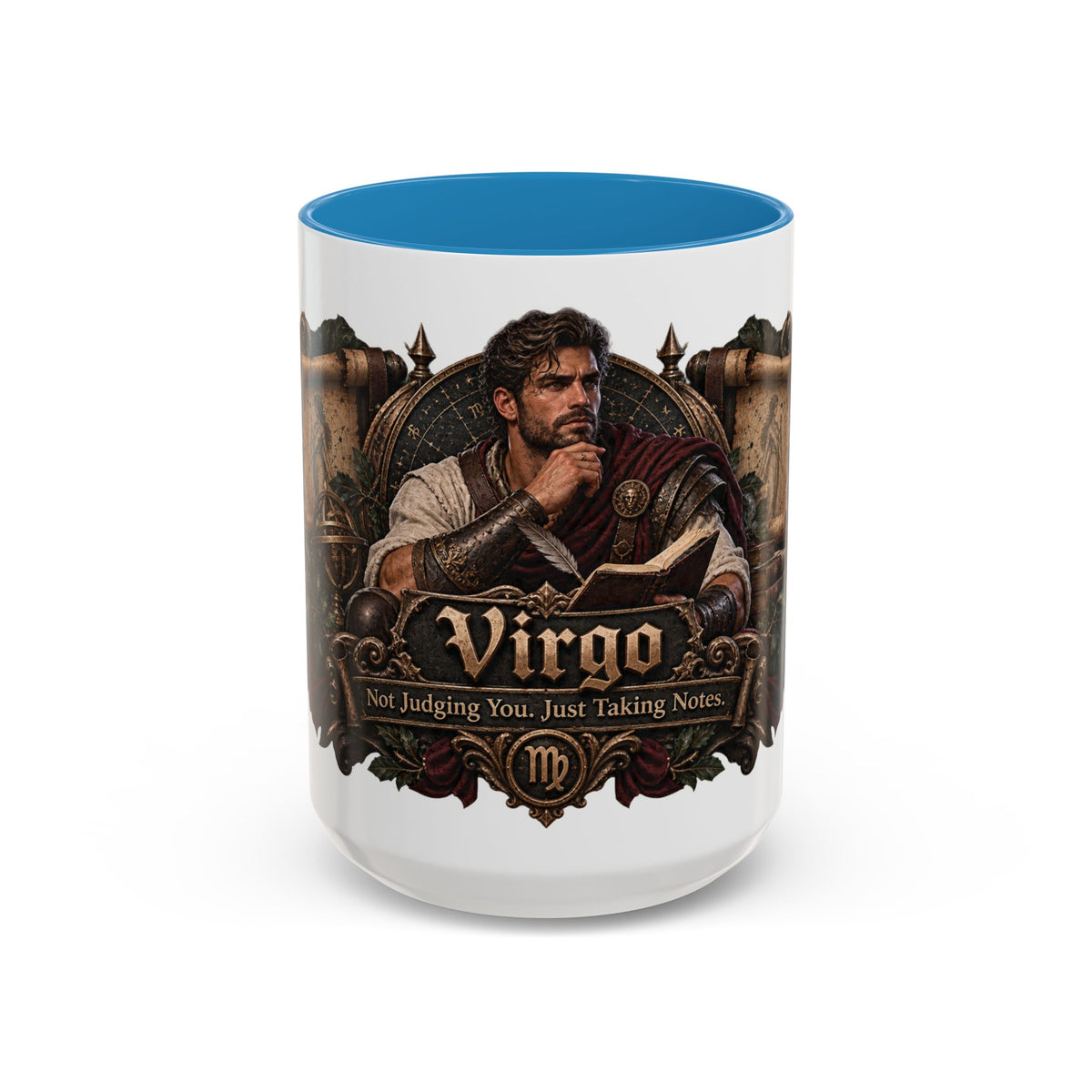 Virgo Bronze Zodiac accent coffee mug, 15oz, white with blue interior and handle