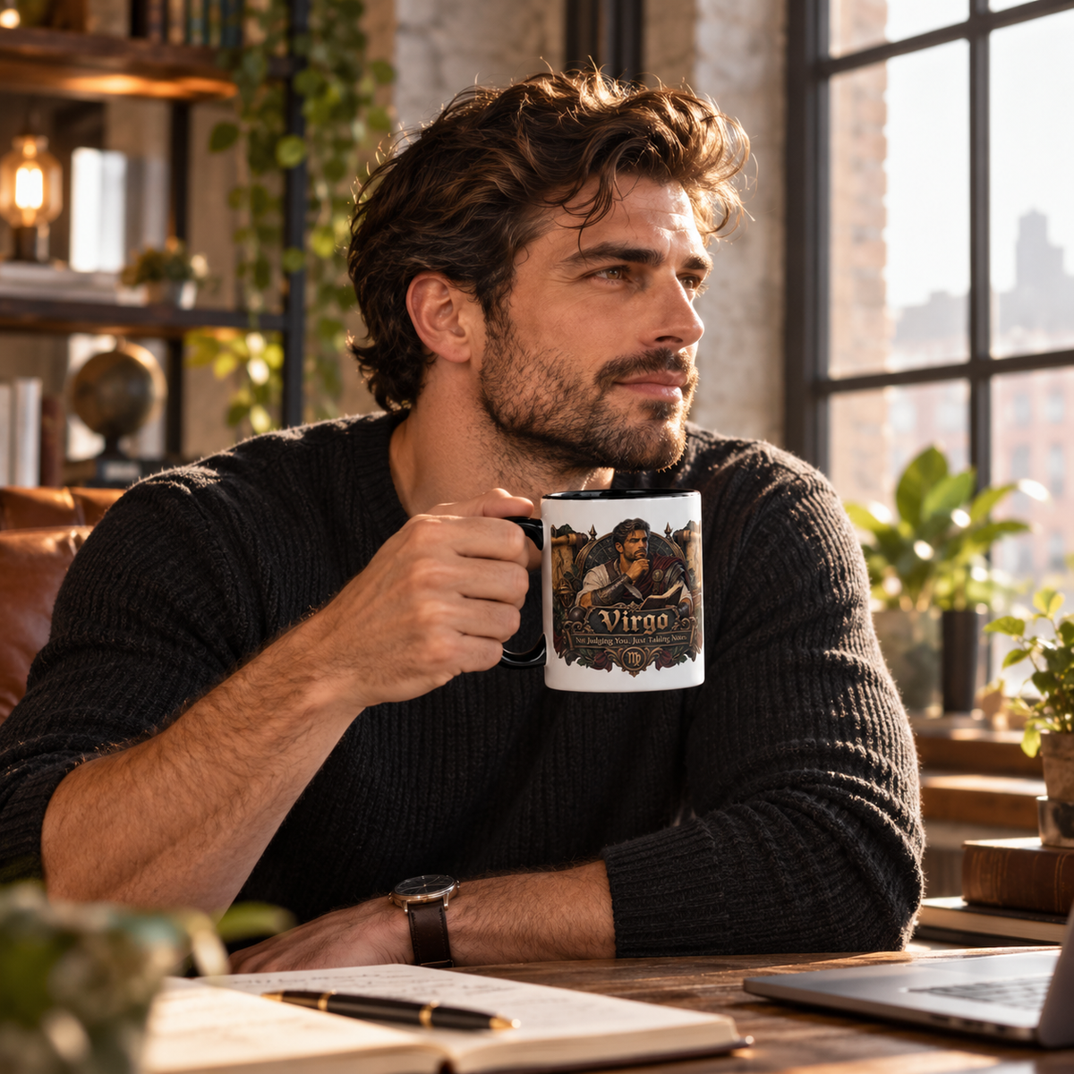 Virgo Bronze Zodiac accent coffee mug in a cozy lifestyle photo