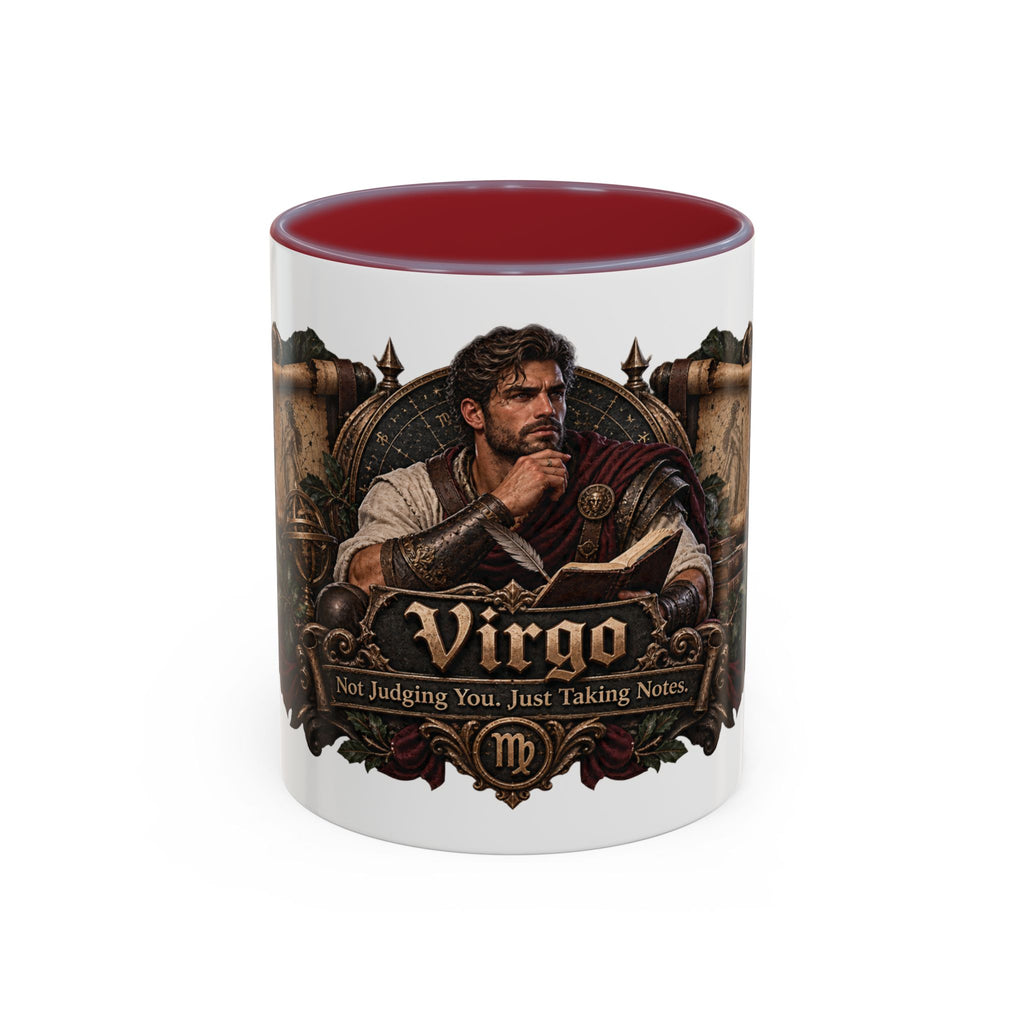 Virgo Bronze Zodiac accent coffee mug, 11oz, white with maroon interior and handle