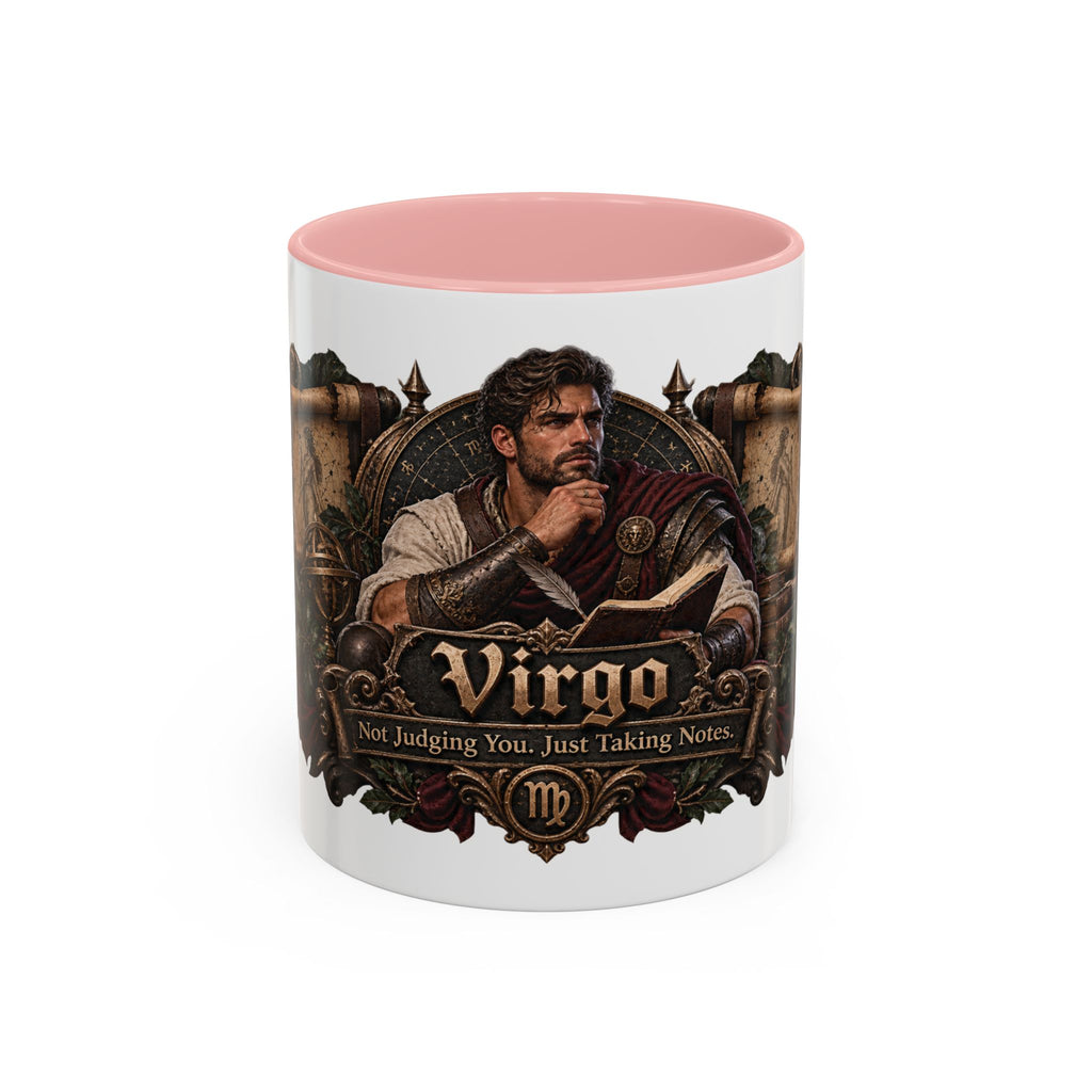 Virgo Bronze Zodiac accent coffee mug, 11oz, white with pink interior and handle