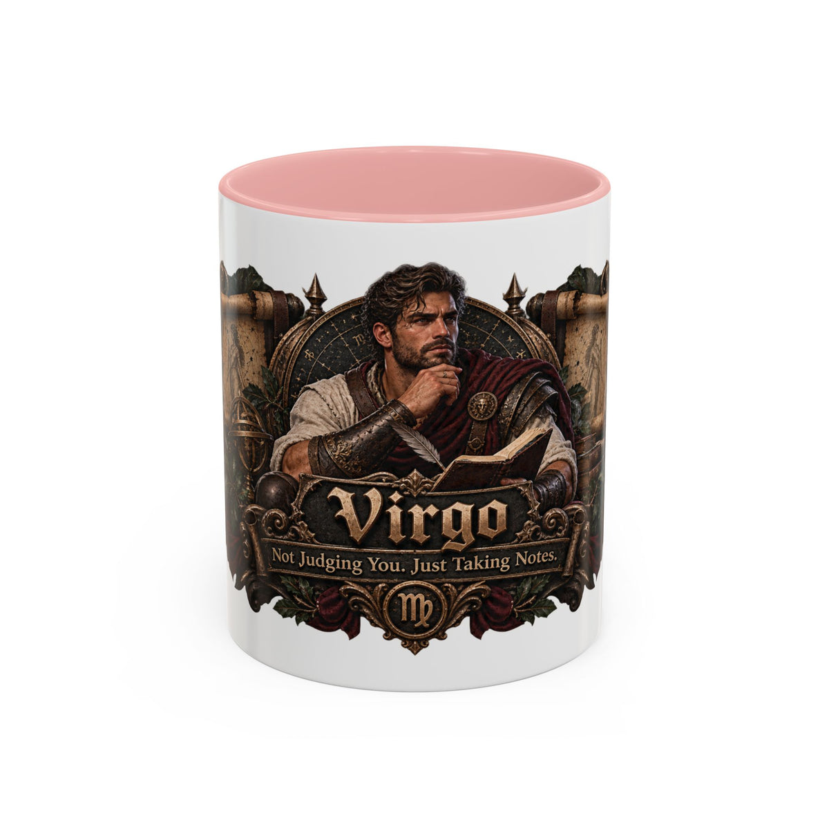 Virgo Bronze Zodiac accent coffee mug, 11oz, white with pink interior and handle