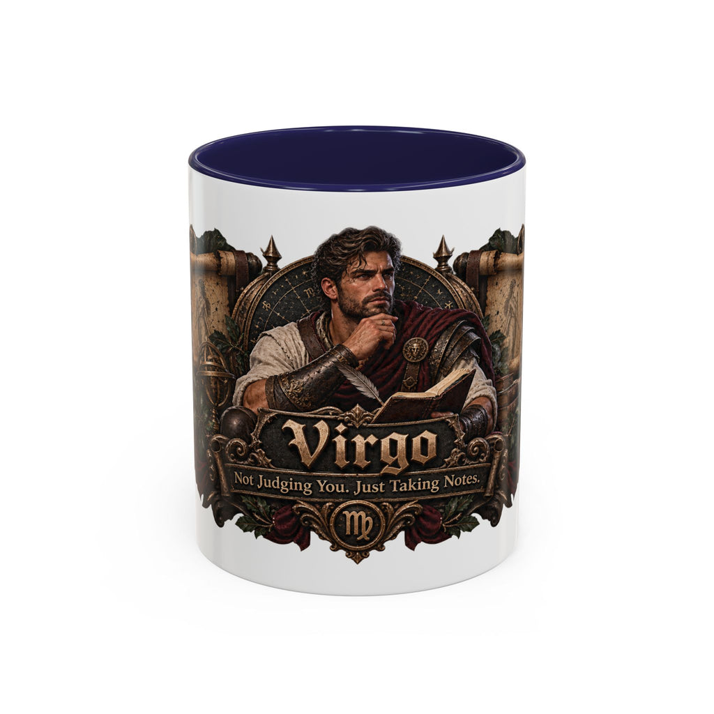 Virgo Bronze Zodiac accent coffee mug, 11oz, white with navy interior and handle