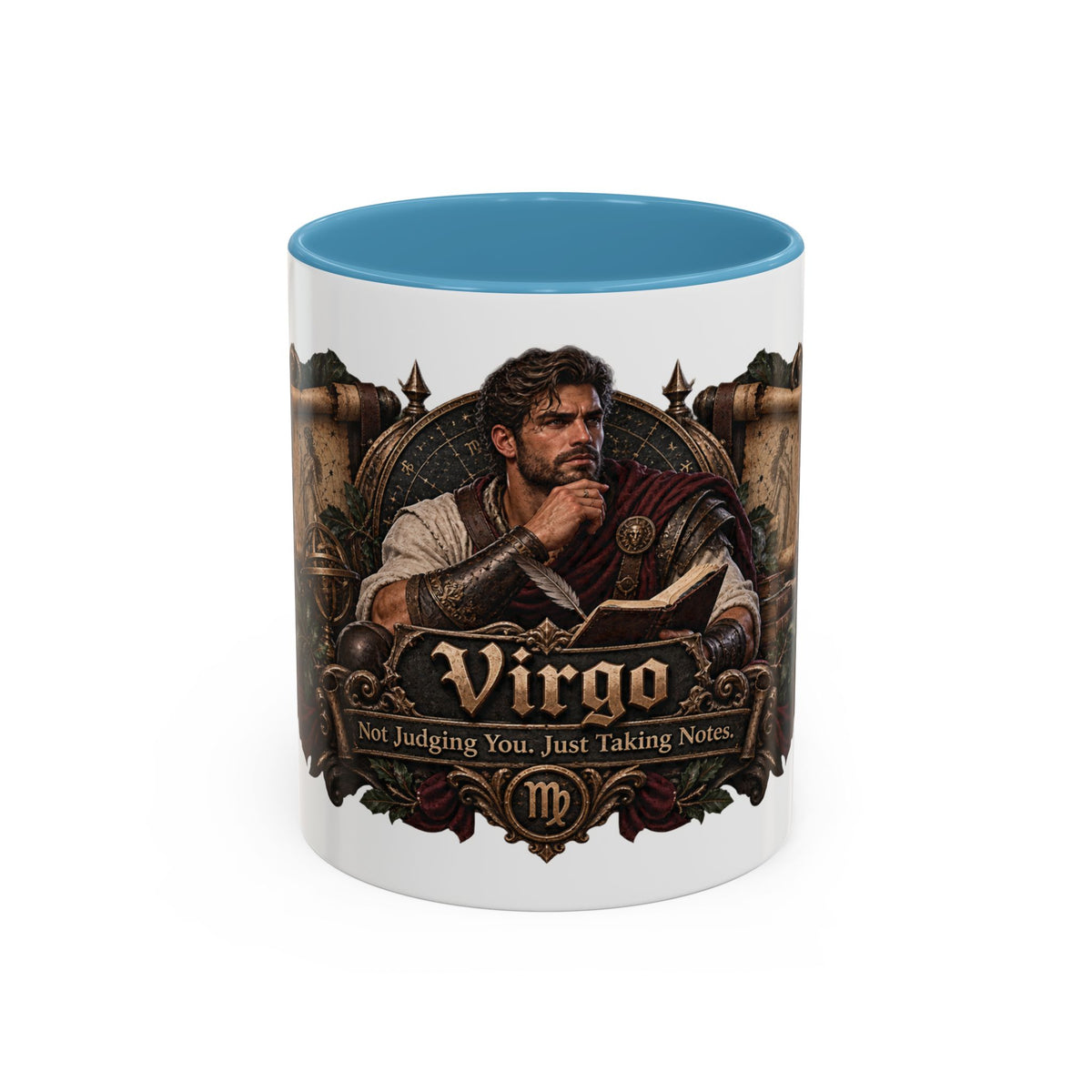 Virgo Bronze Zodiac accent coffee mug, 11oz, white with light blue interior and handle