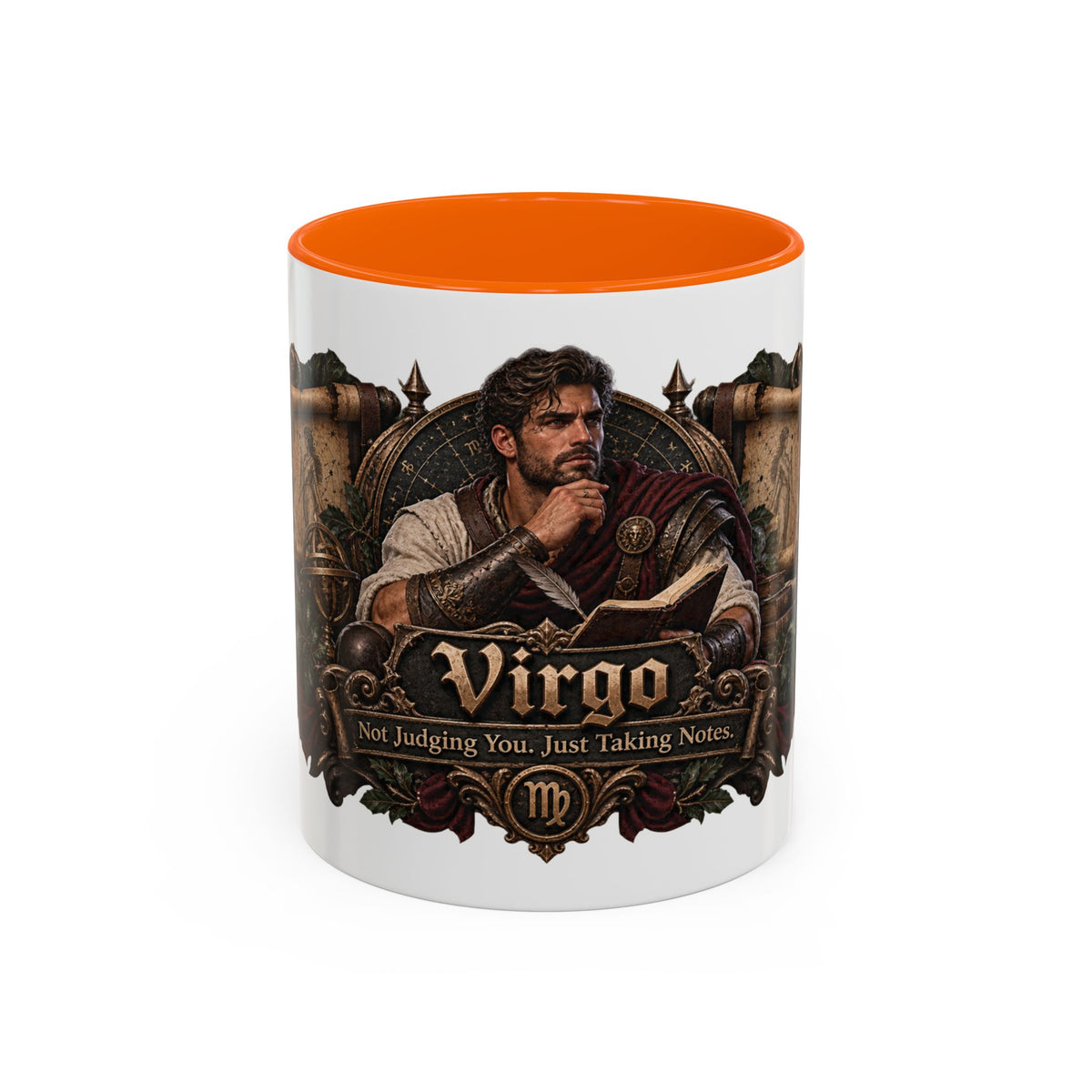 Virgo Bronze Zodiac accent coffee mug, 11oz, white with orange interior and handle