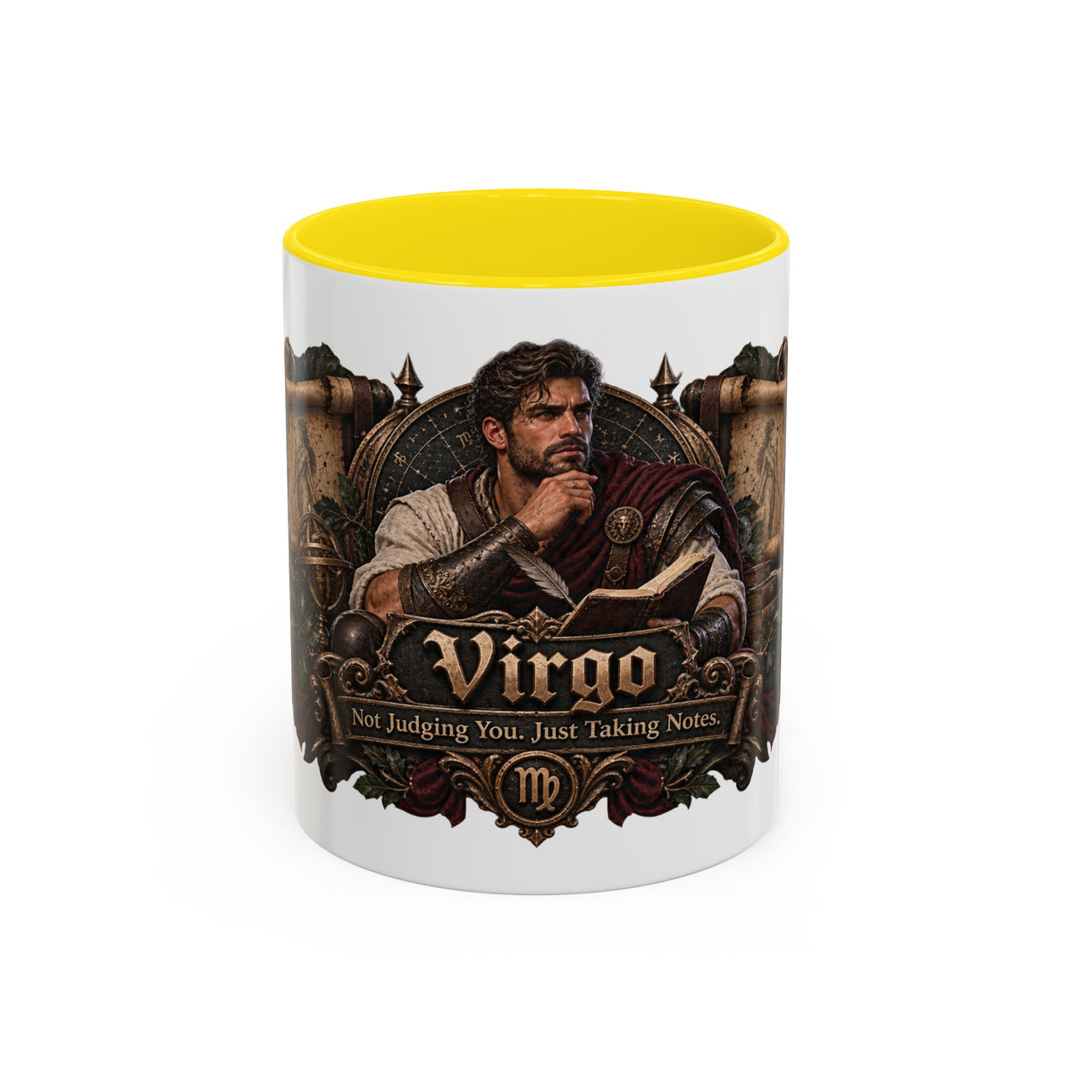 Virgo Bronze Zodiac accent coffee mug, 11oz, white with yellow interior and handle