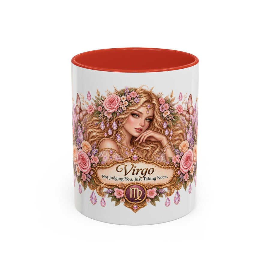 Virgo Floral Zodiac accent coffee mug, 11oz, white with red interior and handle