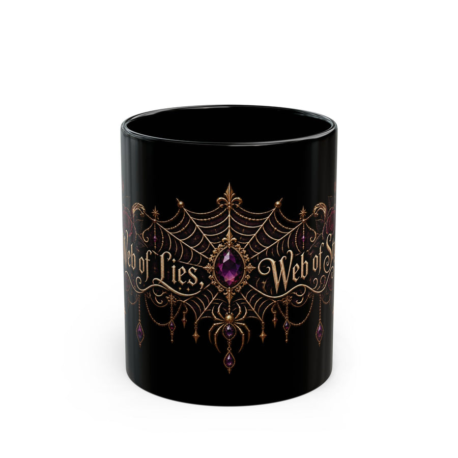 Web of Lies, Web of Style black coffee mug, 11oz, front view