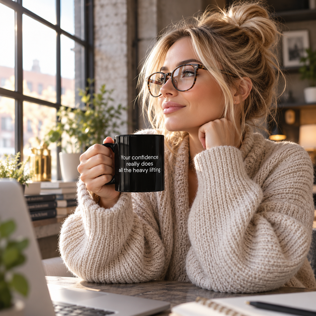 Your Confidence Really Does All the Heavy Lifting black coffee mug in a cozy lifestyle photo