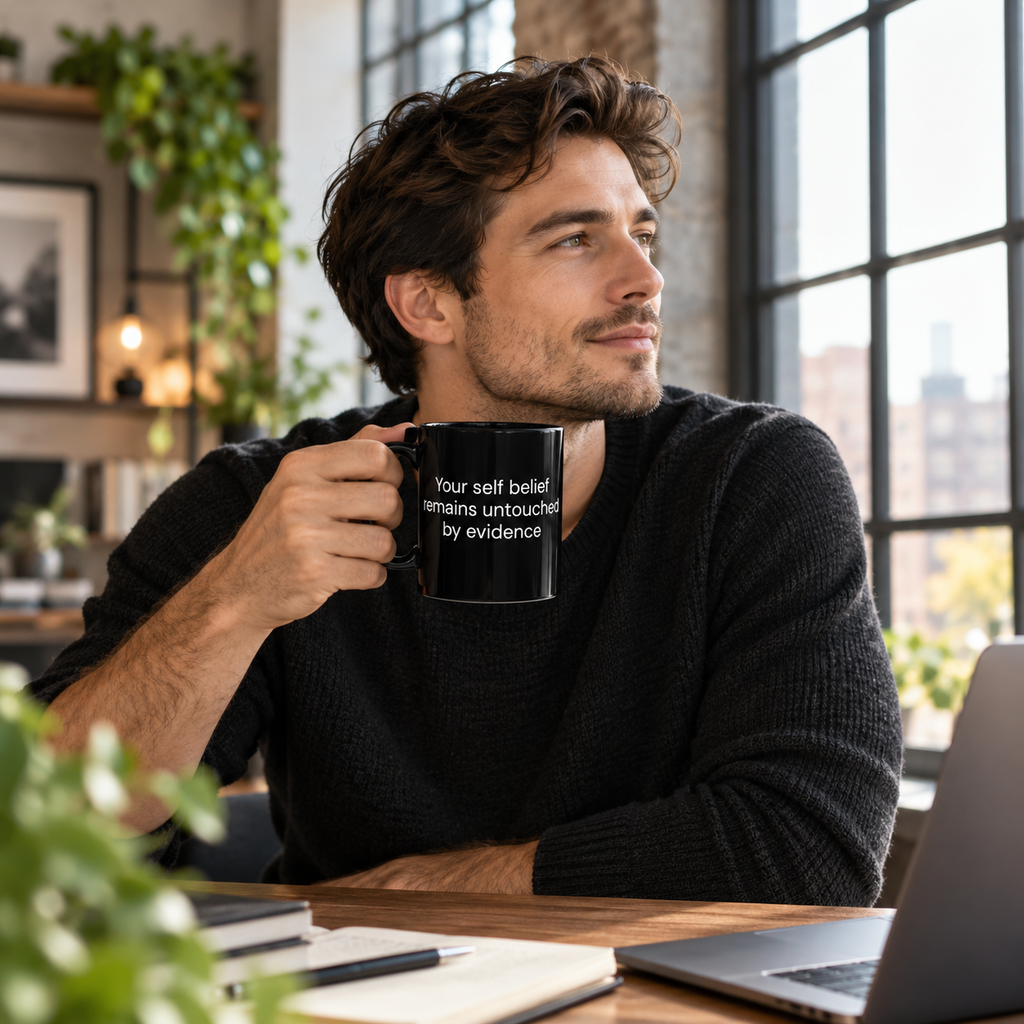 Your Self Belief Remains Untouched by Evidence black coffee mug in a cozy lifestyle photo