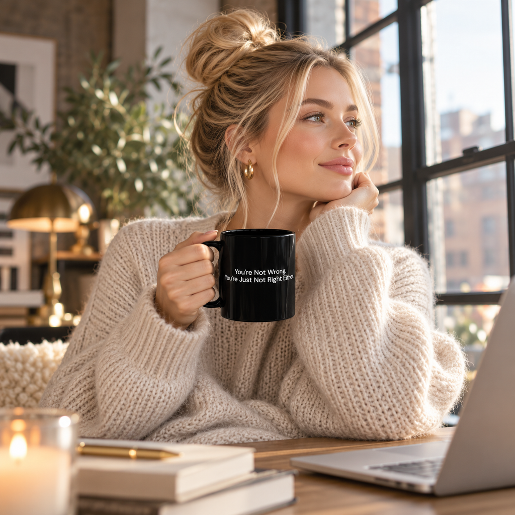 You're Not Wrong, You're Just Not Right Either black coffee mug in a cozy lifestyle photo