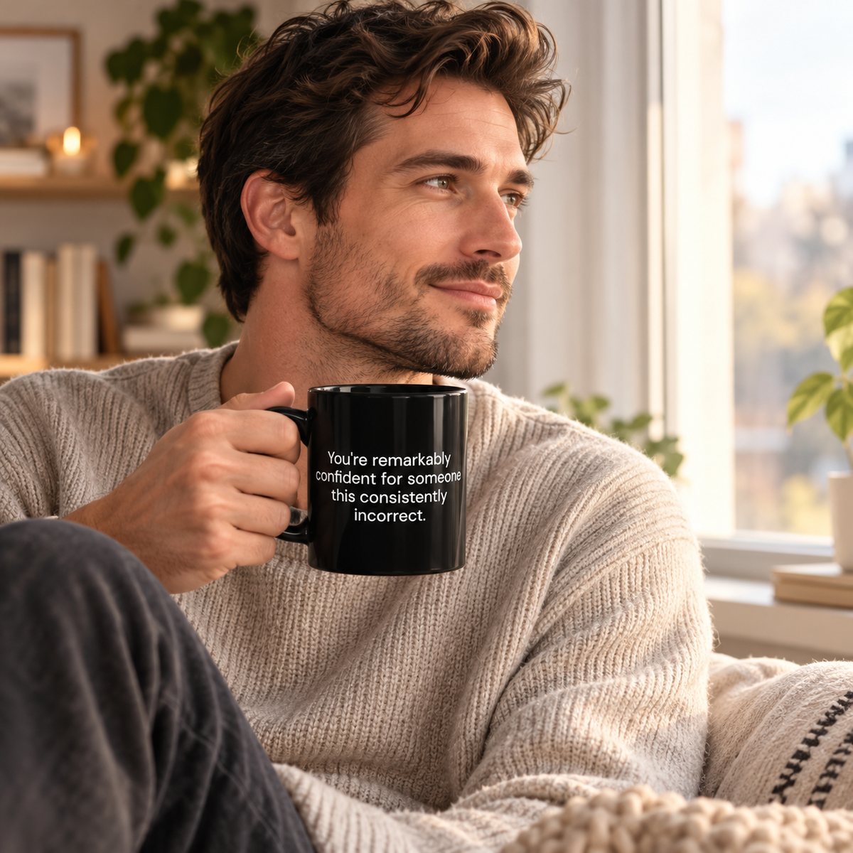 You're Remarkably Confident for Someone This Consistently Incorrect black coffee mug in a cozy lifestyle photo