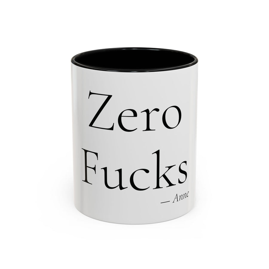 Zero Fucks personalized accent coffee mug, 11oz, white with black interior and handle